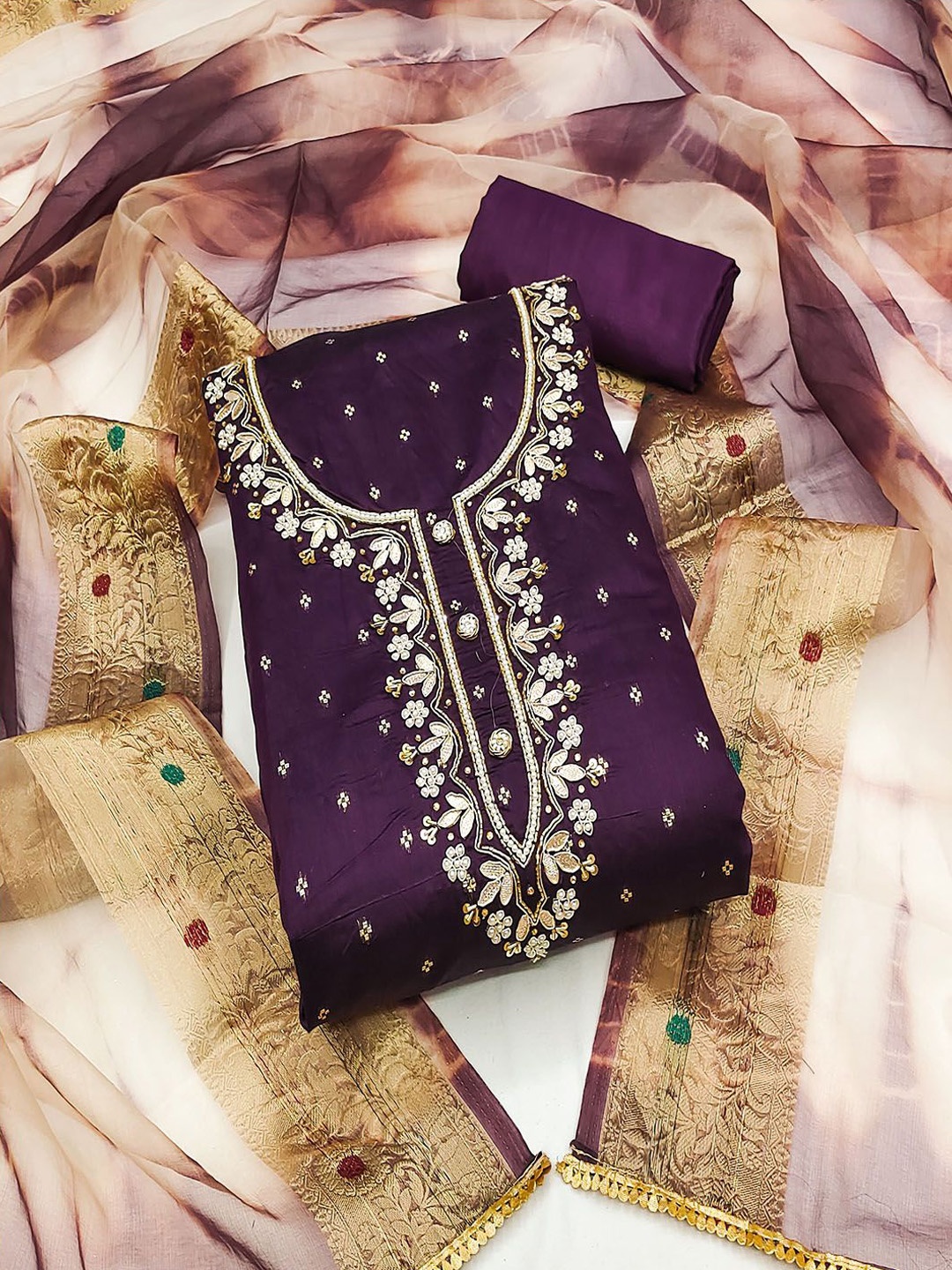 

Lilots Floral Beads and Stones Woven Design Unstitched Dress Material, Violet