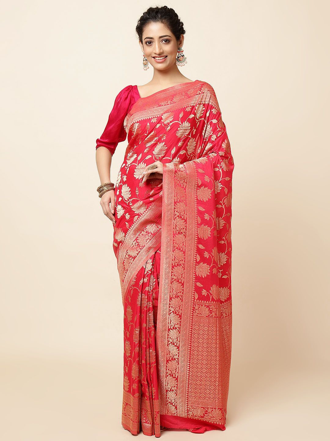 

Meena Bazaar Poly Crepe Woven Design Zari Festive Saree, Pink
