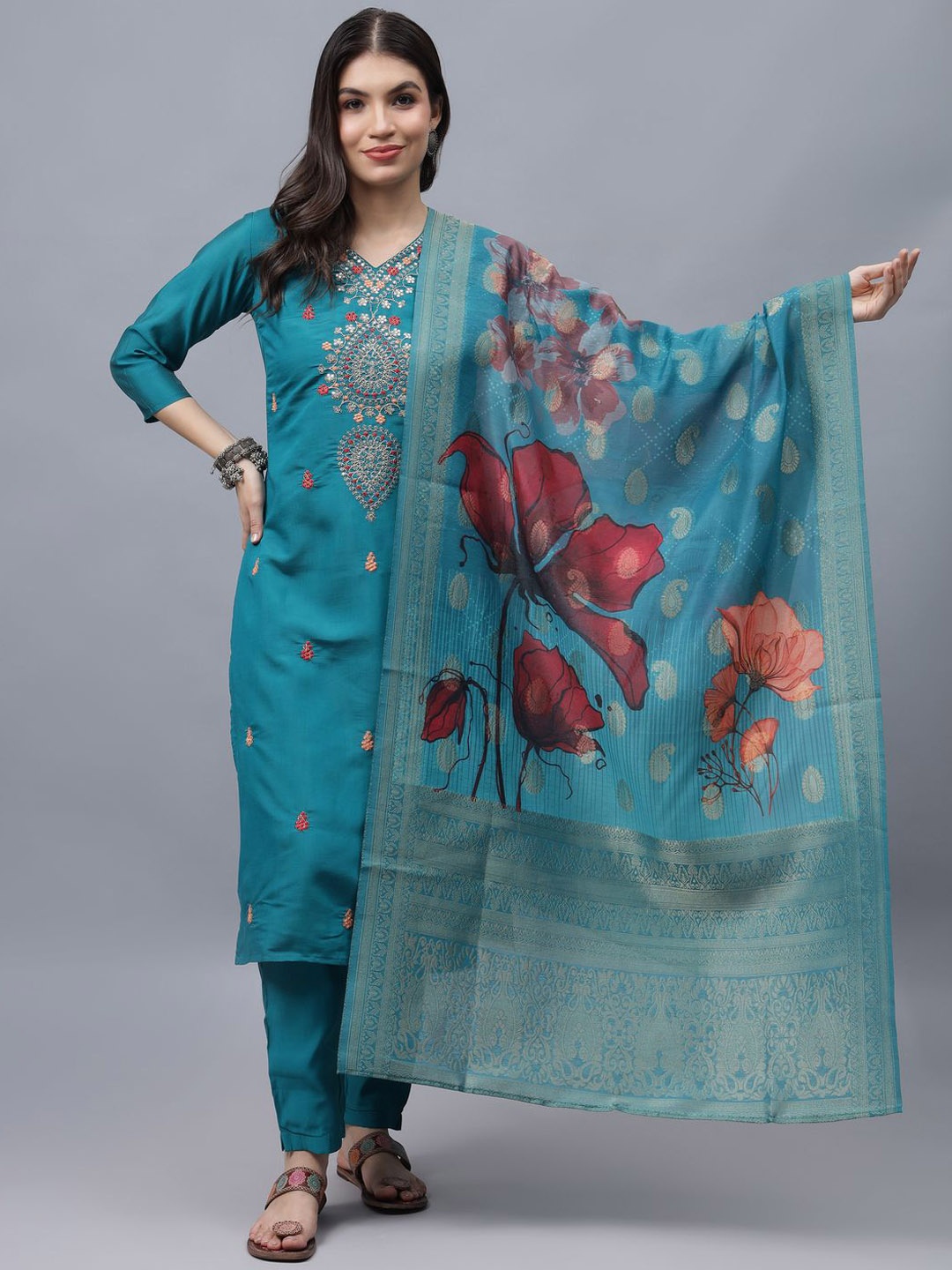 

ADAA JAIPUR Floral Embroidered Pure Cotton Straight Kurta with Trousers & Dupatta, Blue