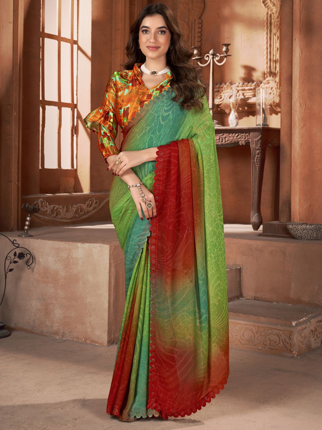

Saree mall Ethnic Motifs Beads and Stones Designer Sarees, Green