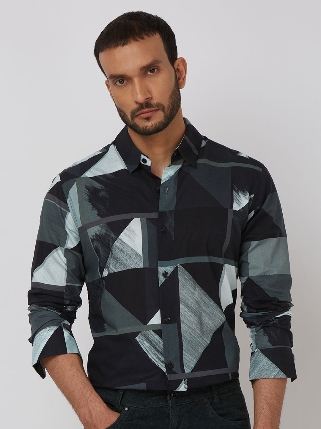 

Mufti Men Spread Collar Graphic Printed Cotton Slim Fit Casual Shirt, Black