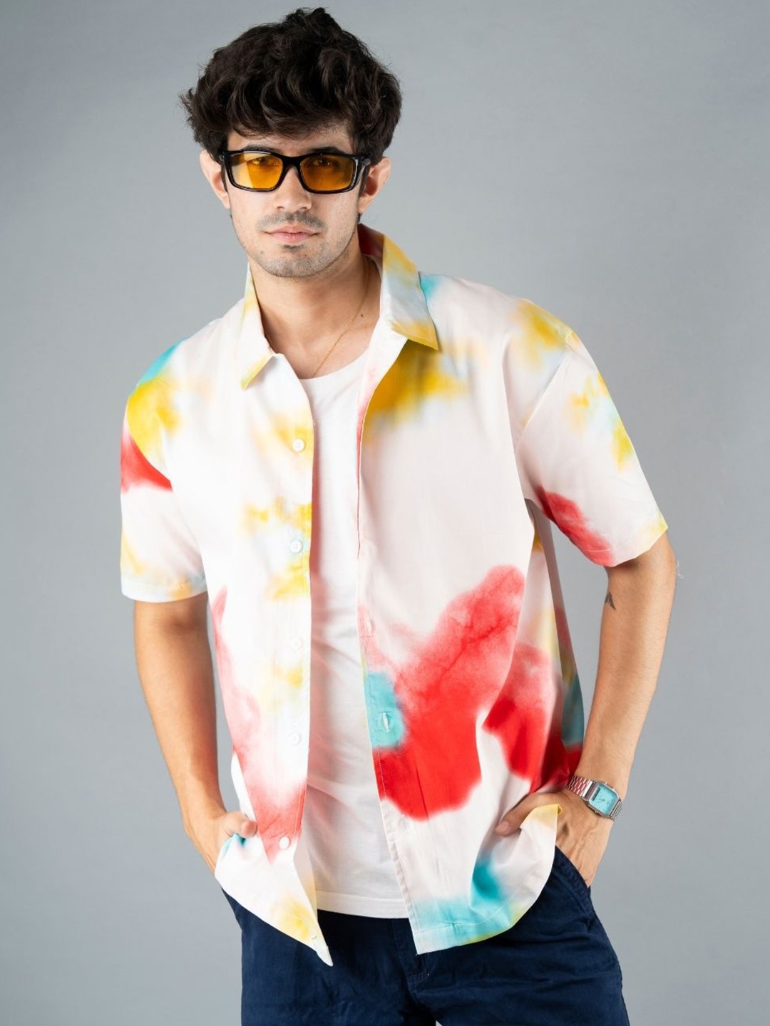 

PRONK Men Relaxed Spread Collar Tie and Dye Cotton Relaxed Fit Casual Shirt, White