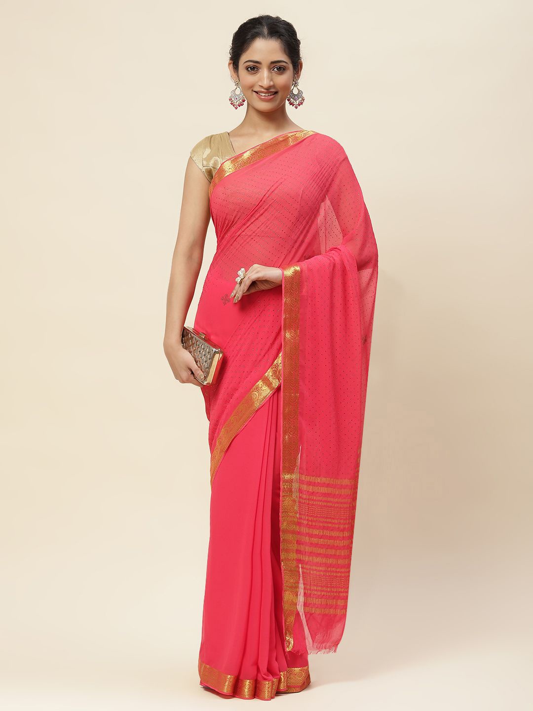 

Meena Bazaar Embellished Zari Woven Saree, Coral