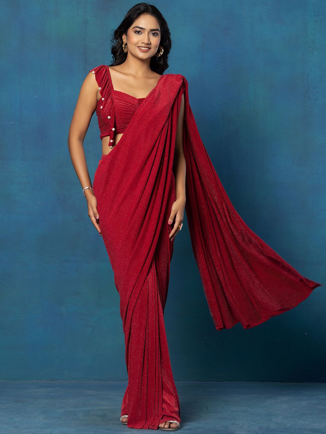 

Rang by Indya Striped Ready to Wear Saree with Matching Blouse, Red