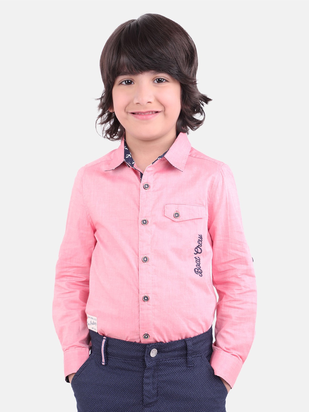 

One Friday Boys Comfort Pocket Detailing Embroidered Pure Cotton Casual Shirt, Pink