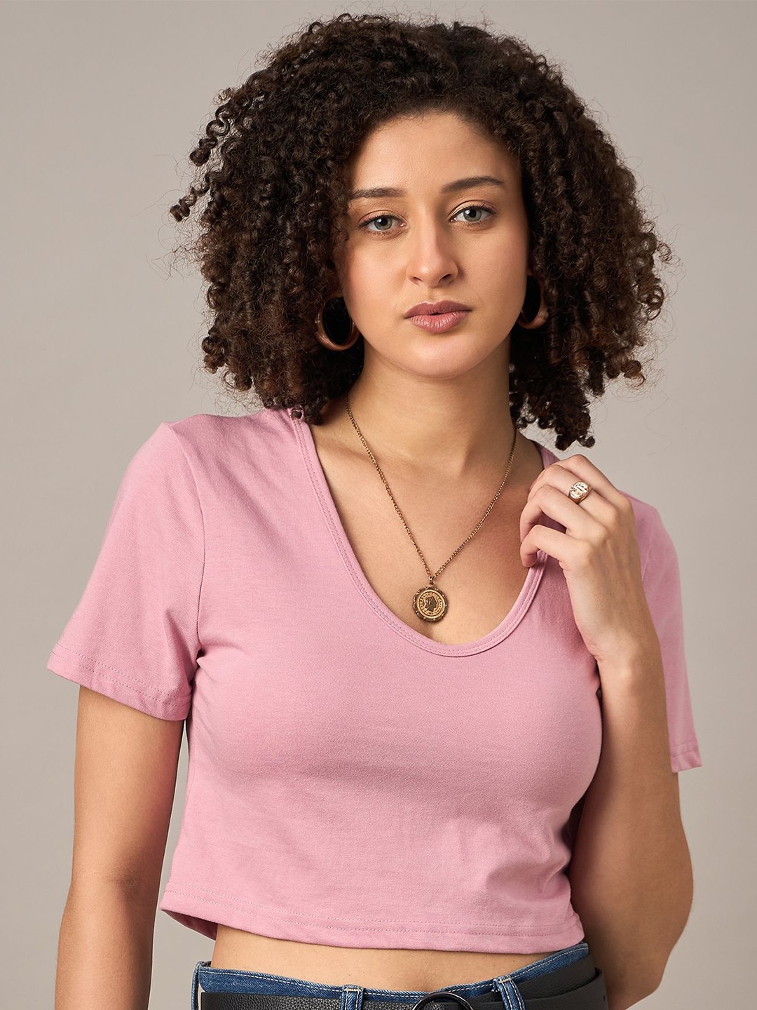 

The Roadster Lifestyle Co. Women Solid V-Neck Cotton T-shirt, Pink