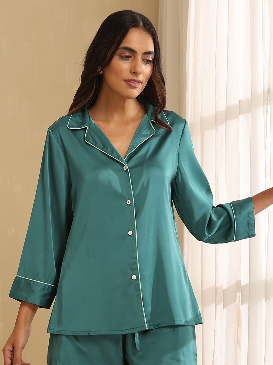 

indy Raaga Women Comfort Solid Cuban Collar Casual Shirt, Green