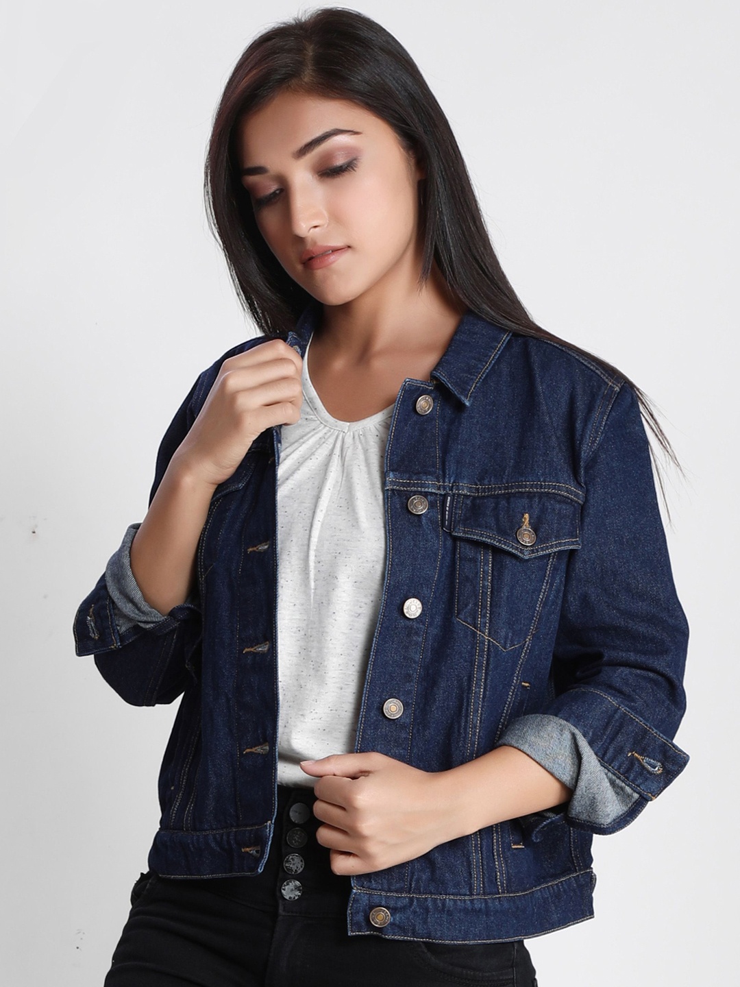 

Dream of Glory Inc Women Washed Colourblocked Lightweight Crop Outdoor Denim Jacket with Embroidered, Navy blue