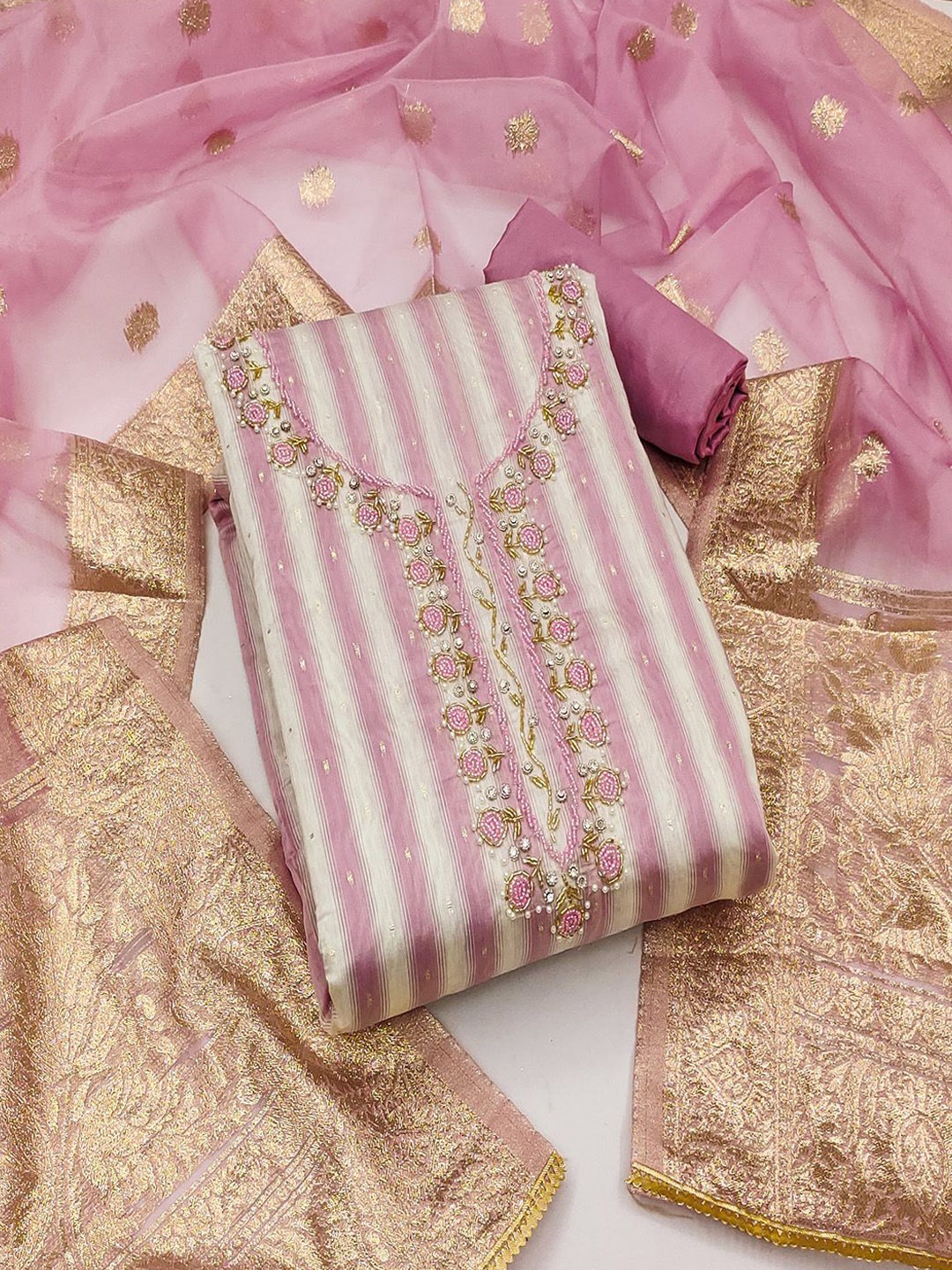 

Lilots Striped Beads and Stones Woven Design Unstitched Dress Material, Lavender