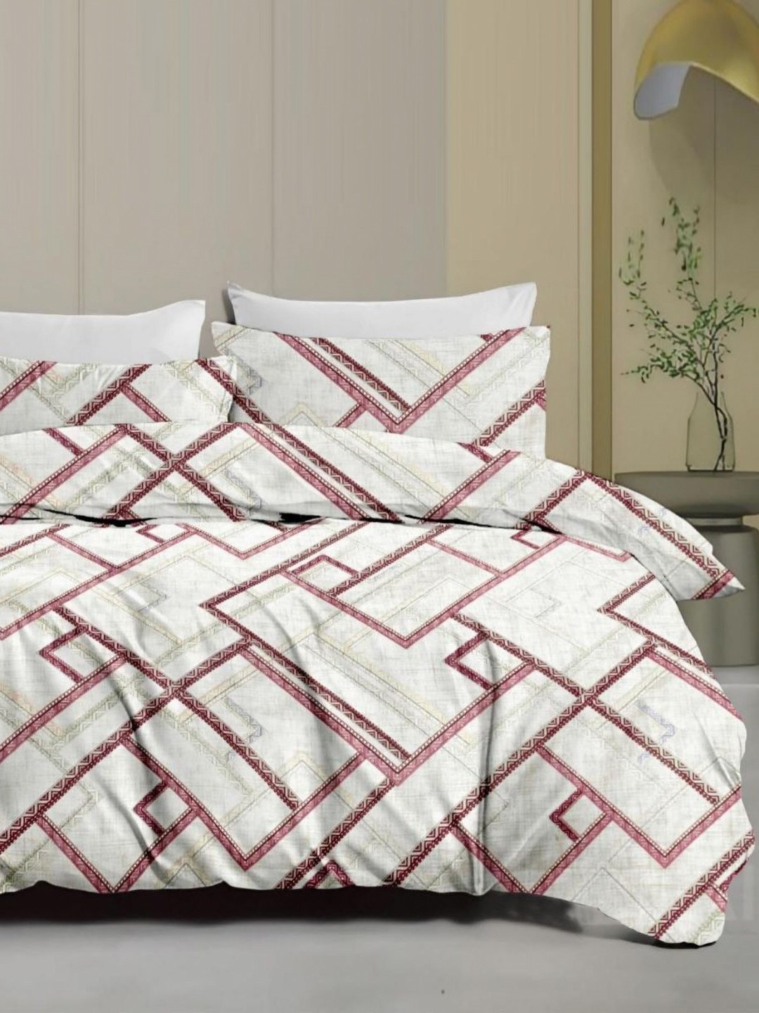 

Signature White & Purple Geometric 160 TC Queen Bedsheet with 2 Pillow Covers