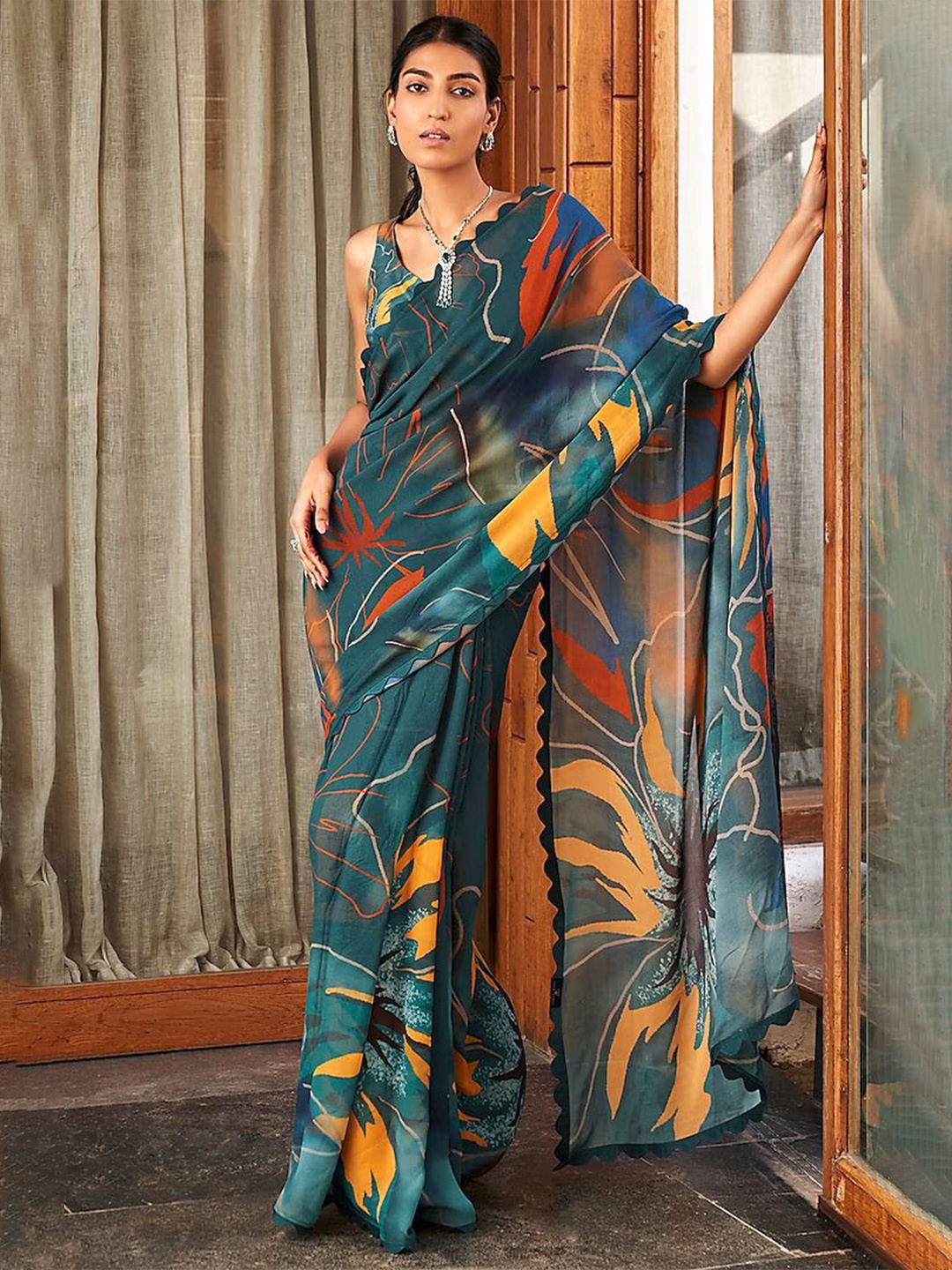 

PHORIA STYLE Embroidered Pure Chiffon Abstract Saree, Green