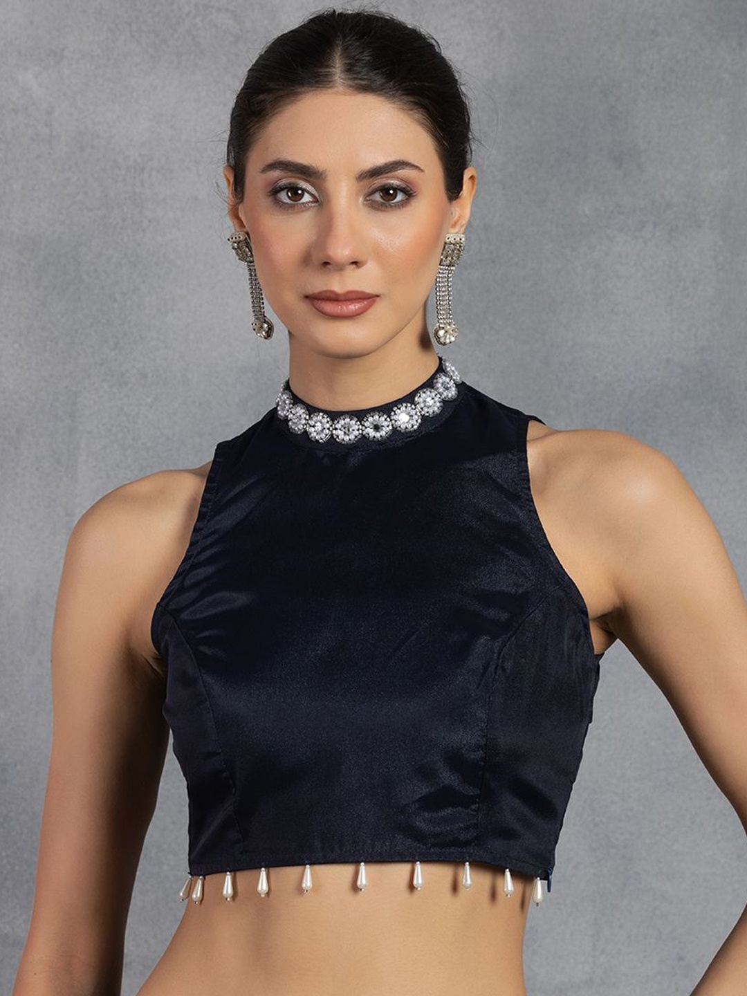 

Rang by Indya Embellished Halter-Neck Saree Blouse, Navy blue
