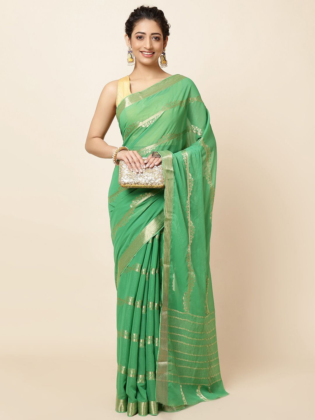 

Meena Bazaar Woven Design Zari Saree, Sea green