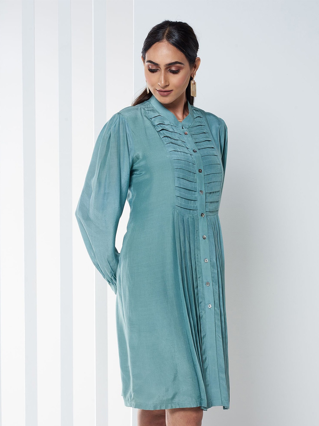 

SEVENDC Mandarin Collar Puff Sleeve Cotton Longline Top, Teal