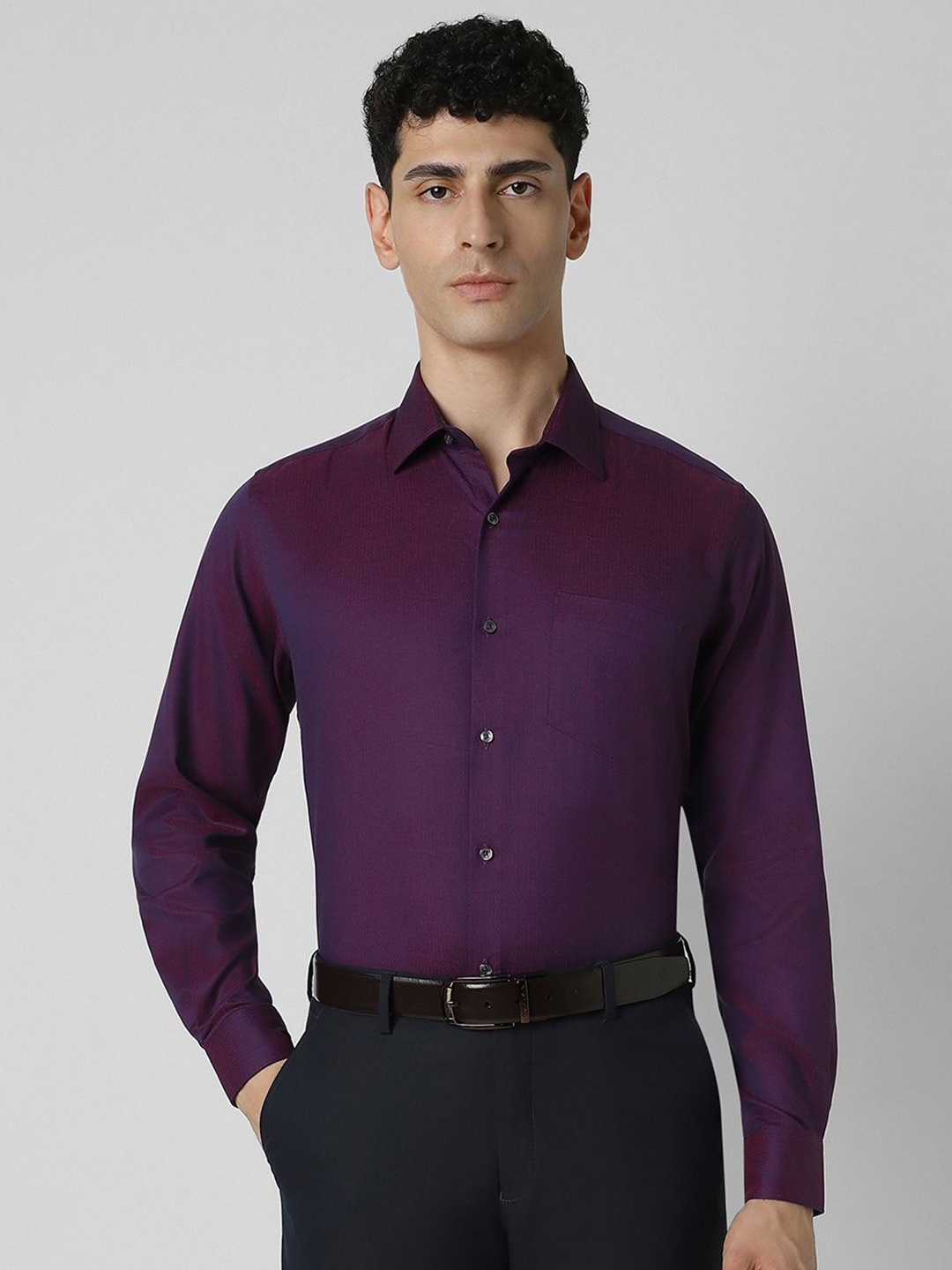 

Van Heusen Men Spread Collar Textured Printed Cotton Party Shirt, Purple