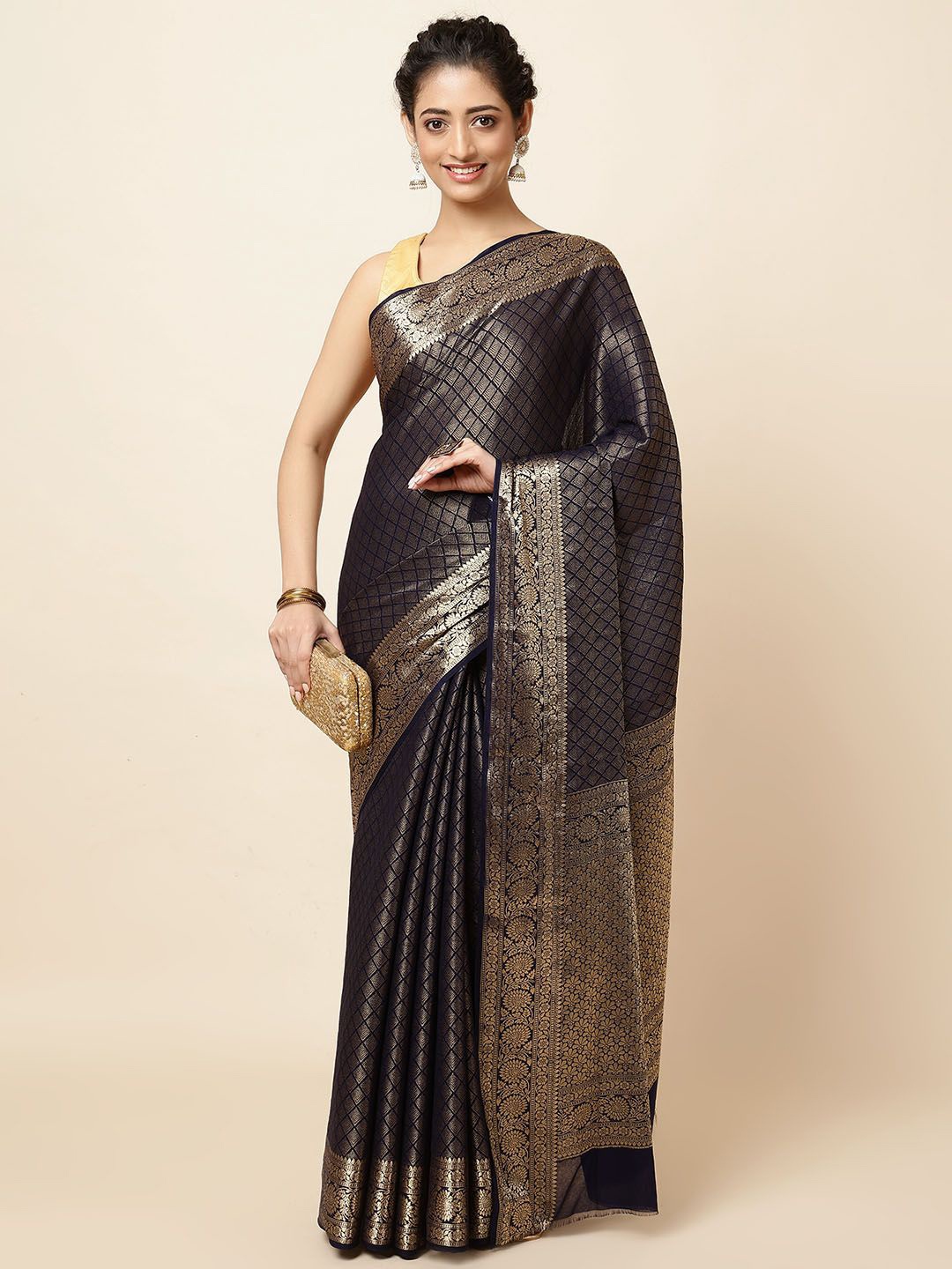 

Meena Bazaar Ethnic Motif Zari Woven Saree, Navy blue