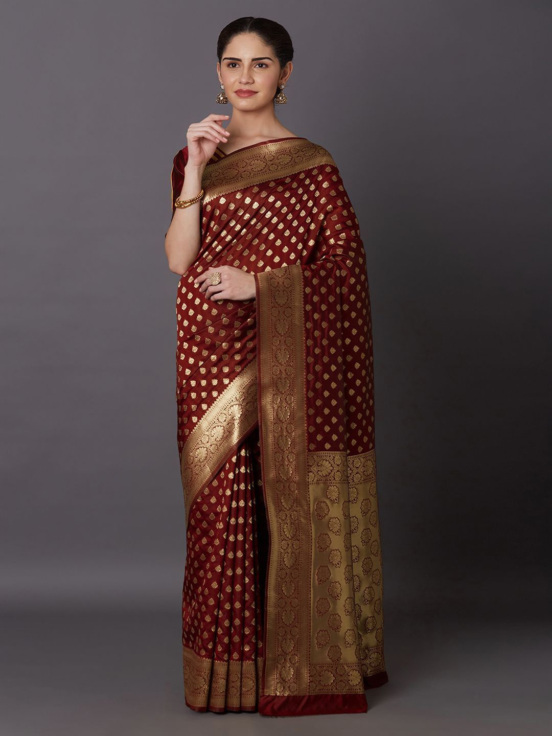 

LEAFFEB Woven Design Zari Pure Silk Banarasi Saree, Maroon