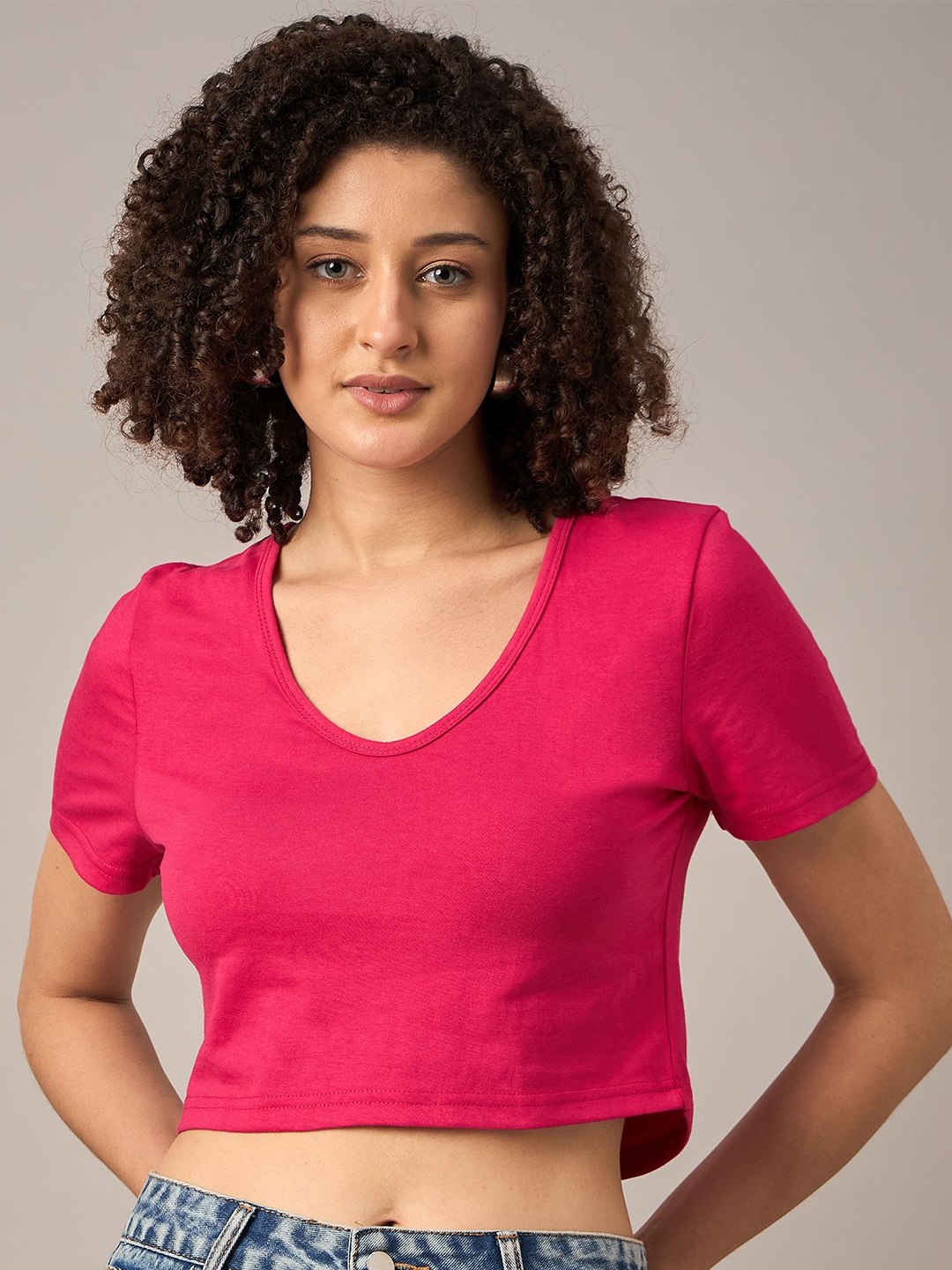 

The Roadster Lifestyle Co. Women Solid V-Neck Cotton T-shirt, Fuchsia