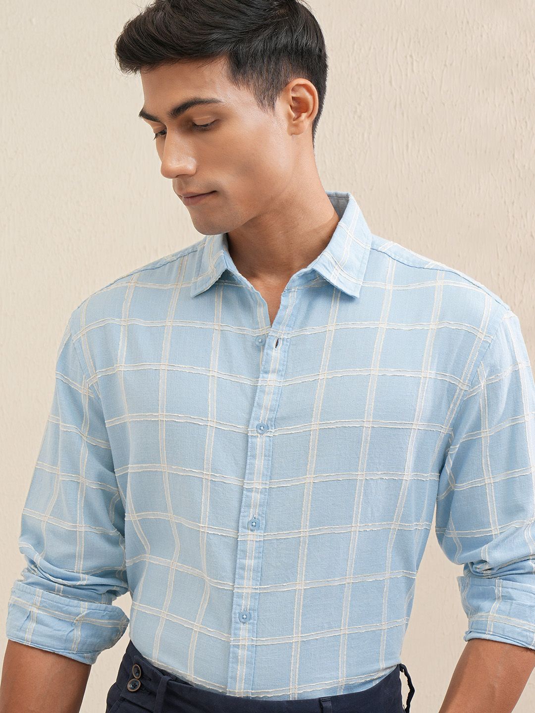 

LOCOMOTIVE Premium Men Chenille Yarn Checked Relaxed Shirt, Blue