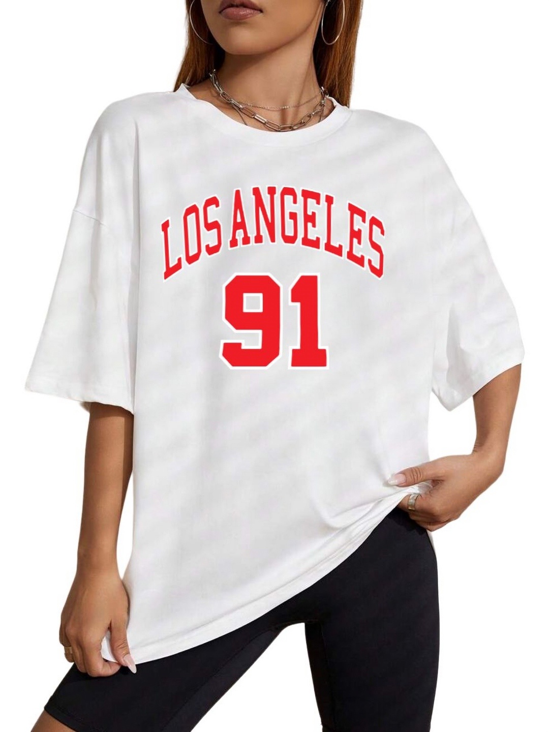 

TABADTOD Women Varsity Printed Applique T-shirt, White