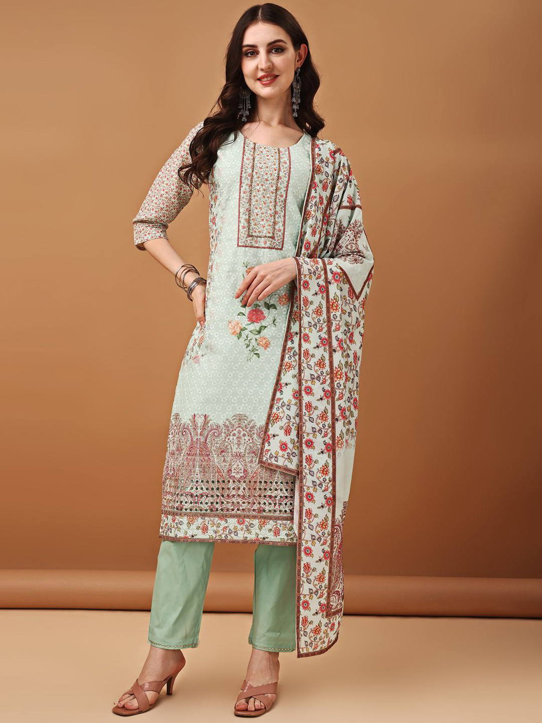 

KALINI Floral Printed Beads And Stones Straight Kurta With Trousers & Dupatta, Green