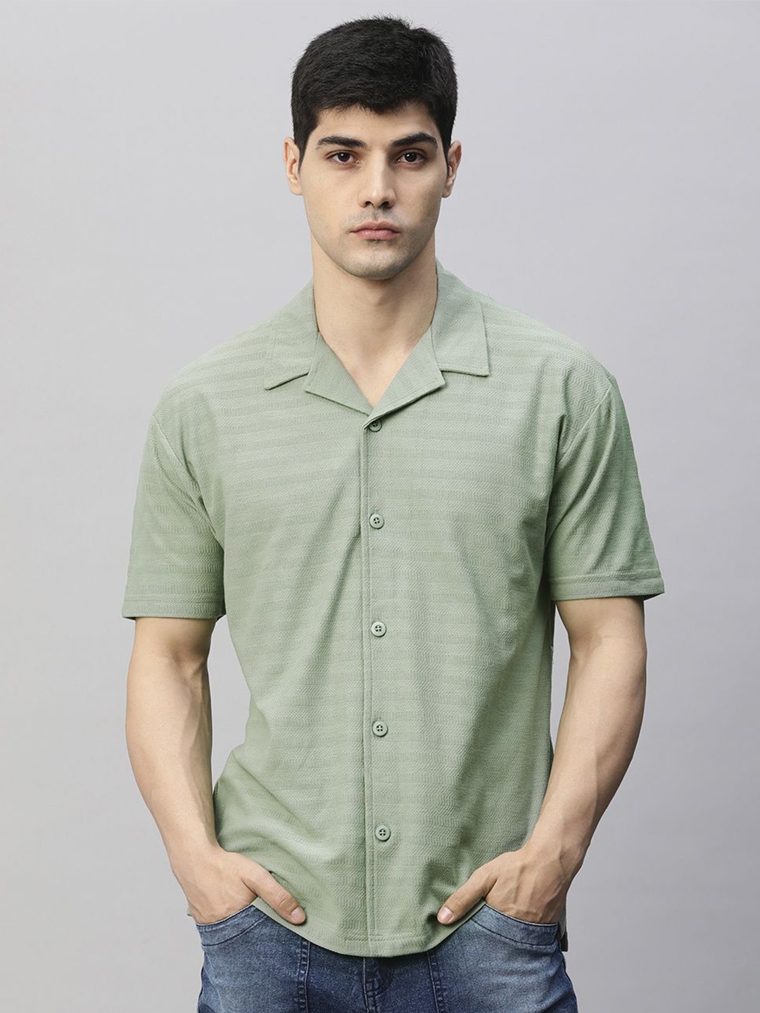 

PRONK Men Cuban Collar Solid Cotton Casual Shirt, Green