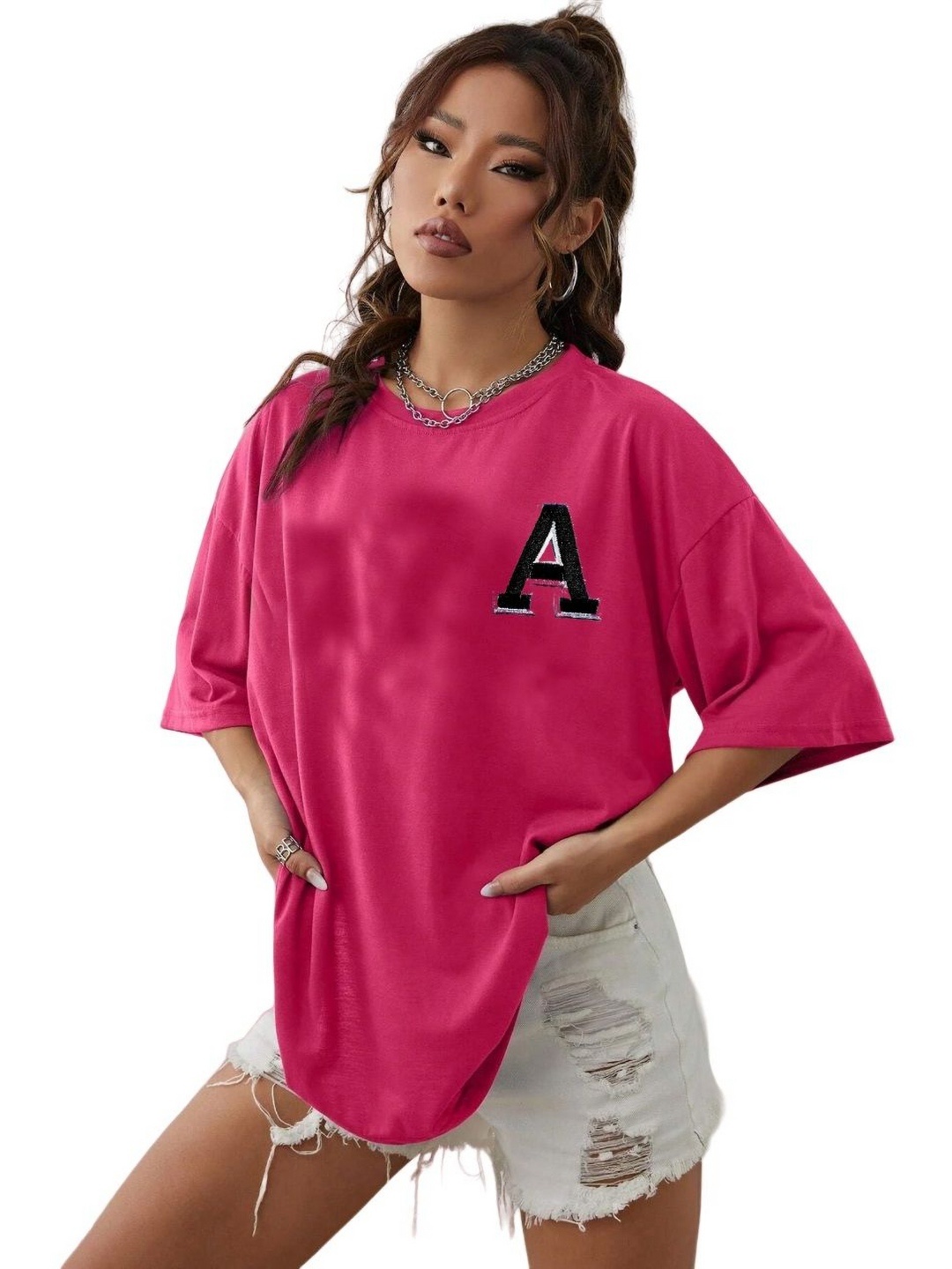 

TABADTOD Women Typography Printed Drop-Shoulder Sleeves Oversized T-shirt, Pink
