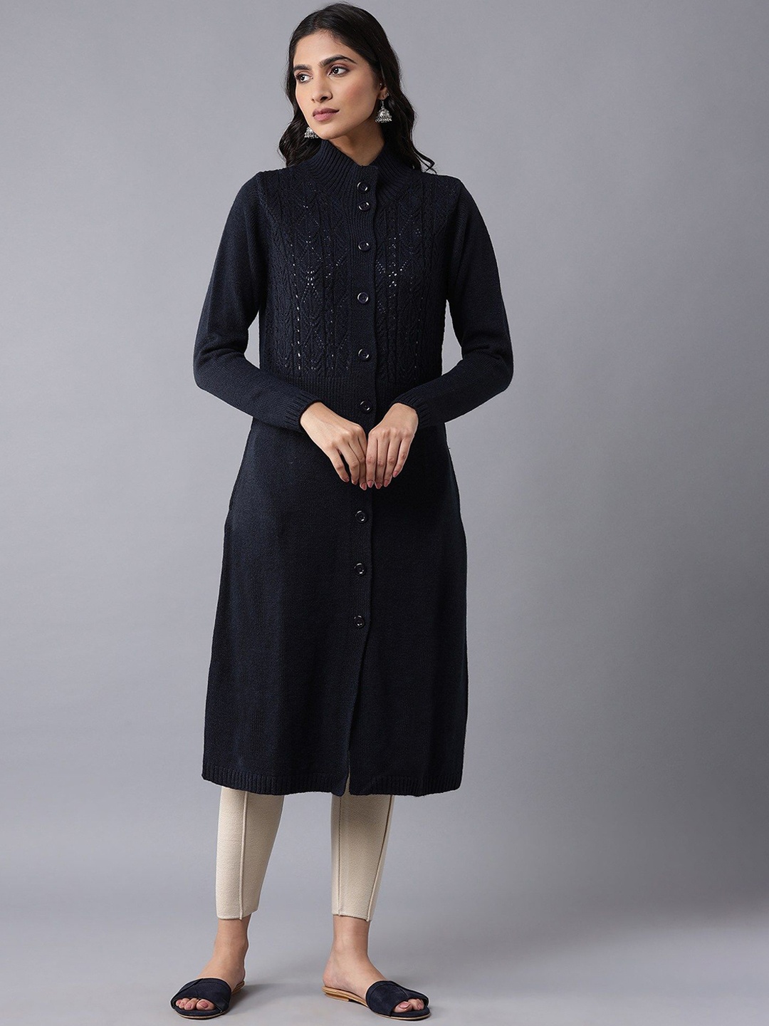 

W Women Floral Acrylic Longline Tailored Jacket with Embroidered, Blue