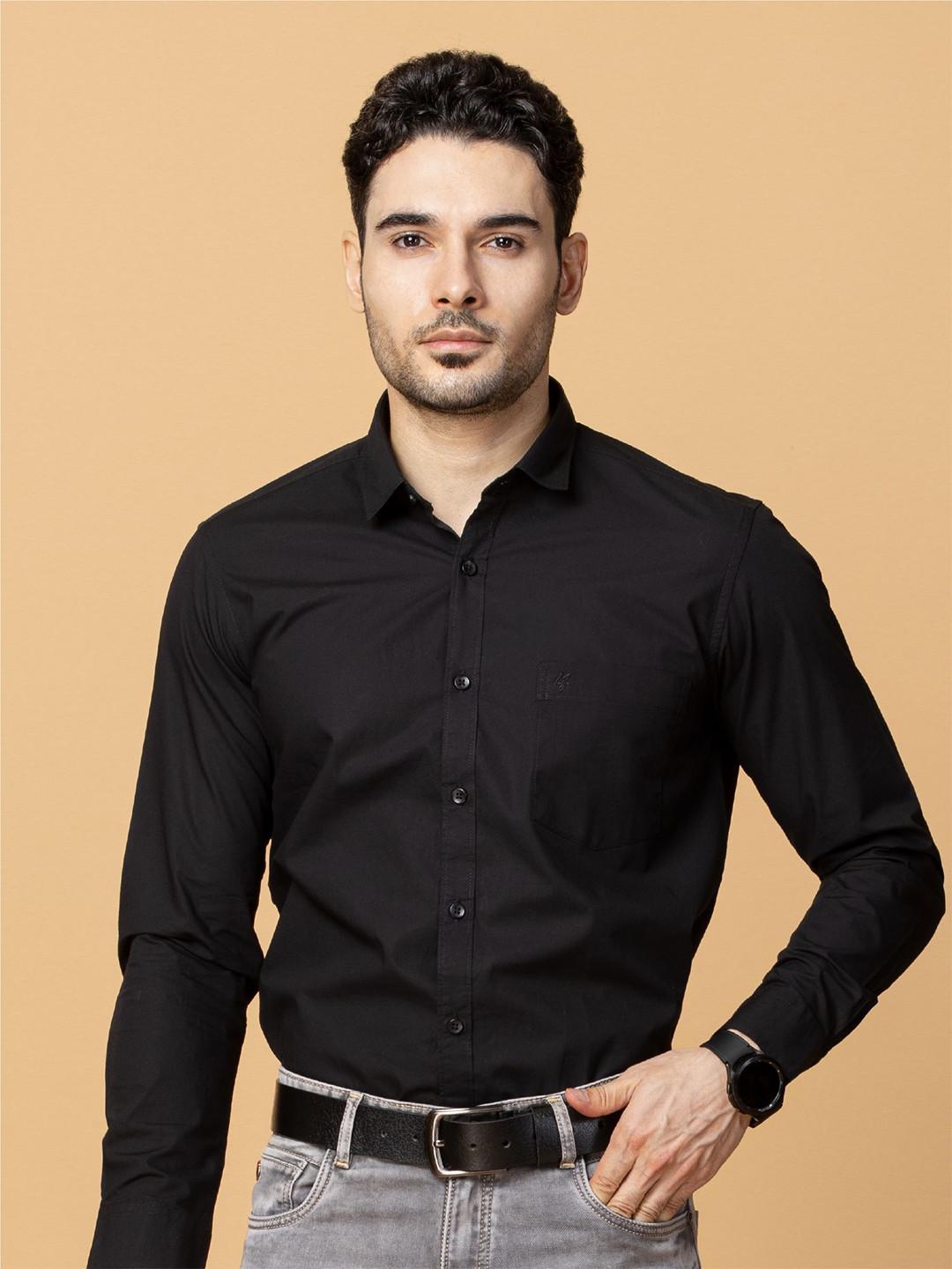 

Berkshire Men Comfort Spread Collar Solid Cotton Slim Fit Formal Shirt, Black