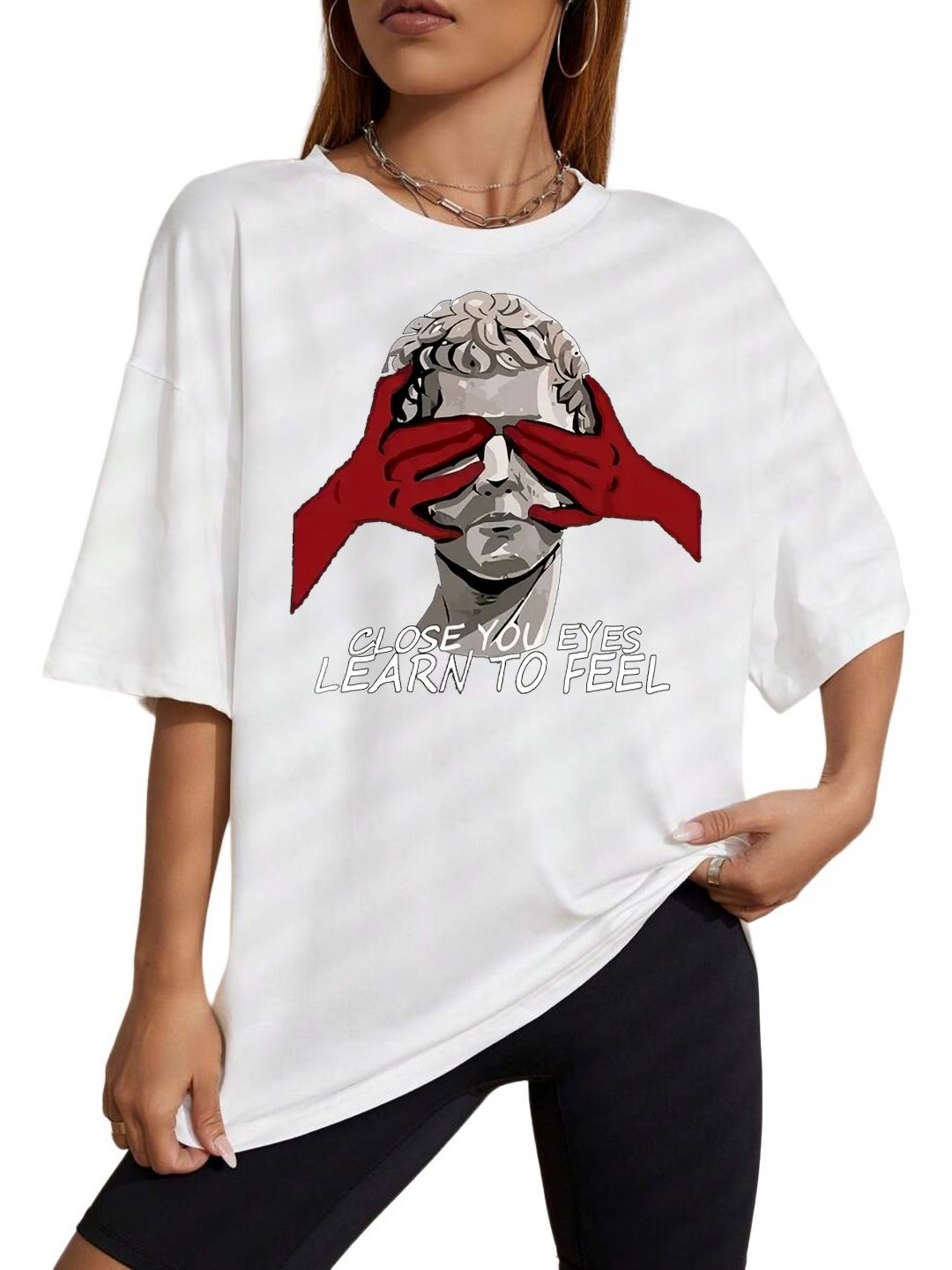 

TABADTOD Women Printed Drop-Shoulder Sleeves T-shirt, White