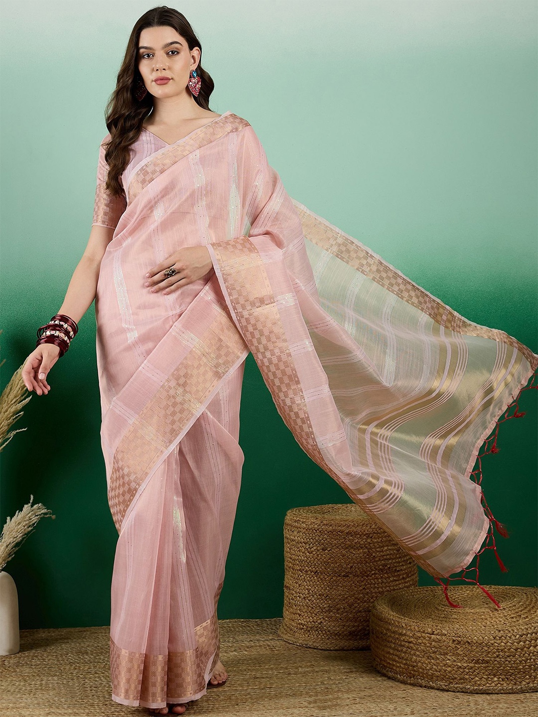 

VIRICA Striped Sequinned Organza Khadi Saree, Pink