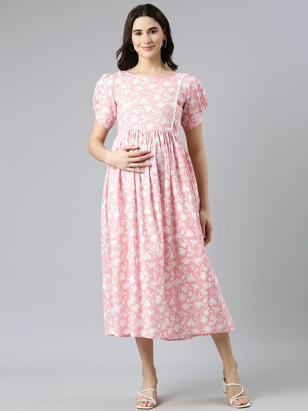 

Swishchick Printed Puff Sleeve Maternity Cotton Fit & Flare Midi Dress, Peach