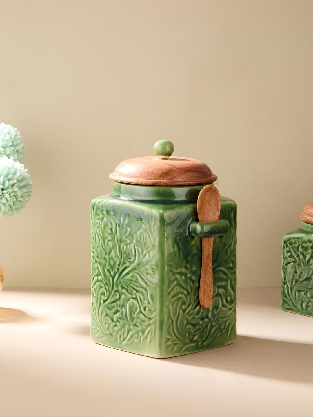 

Fabindia Ceramic Onam Glazed Jar & Spoon, Green