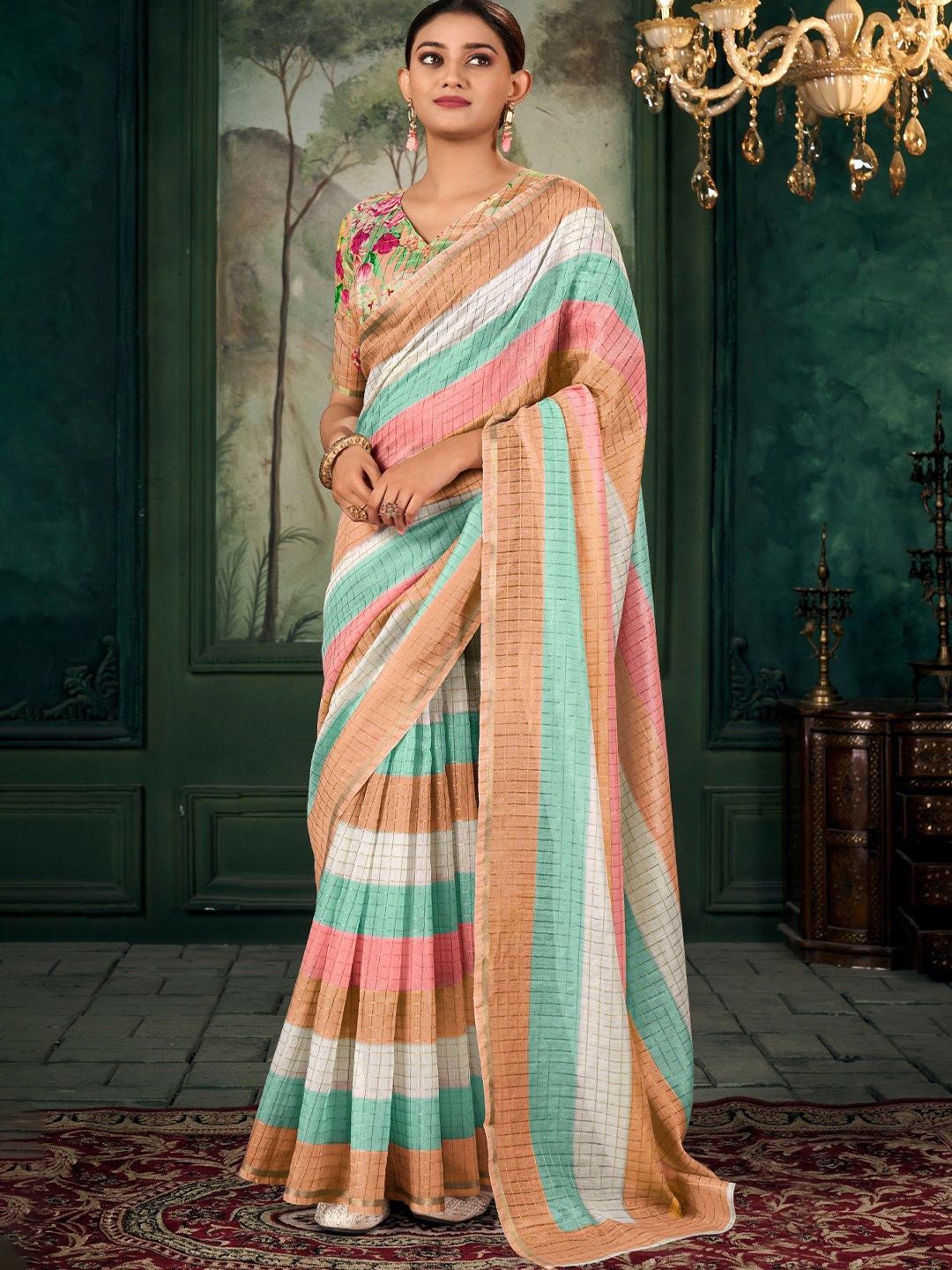

MySilkLove Striped Zari Chanderi Saree, Orange