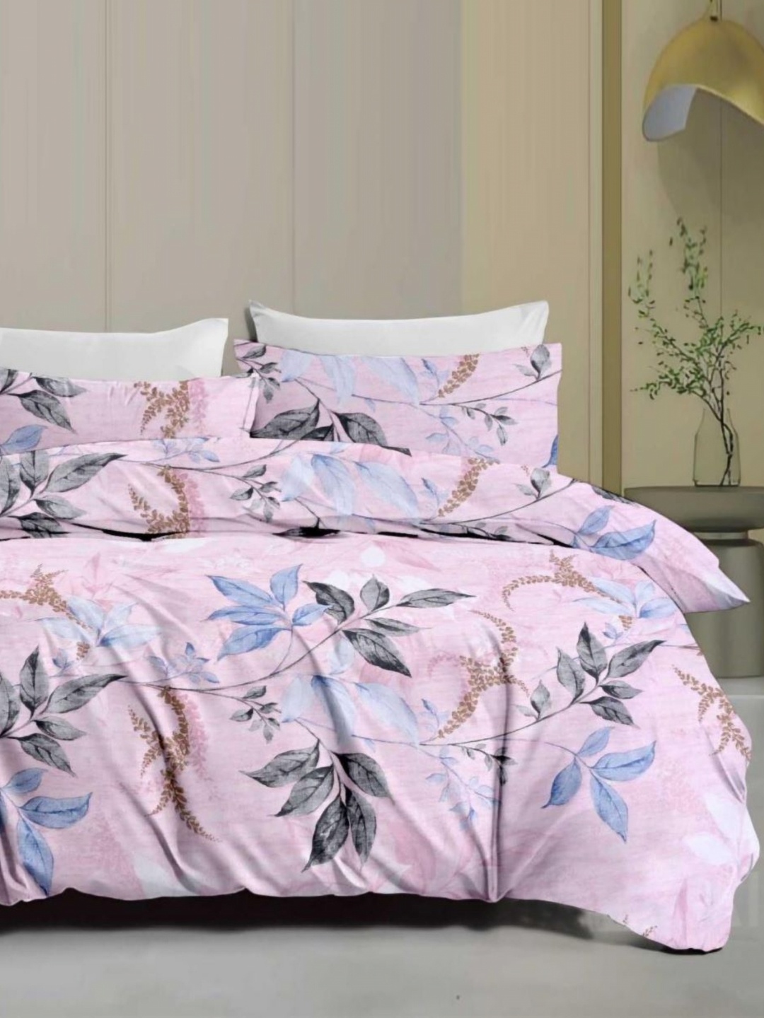 

Signature Pink & Grey Floral 160 TC Queen Bedsheet with 2 Pillow Covers