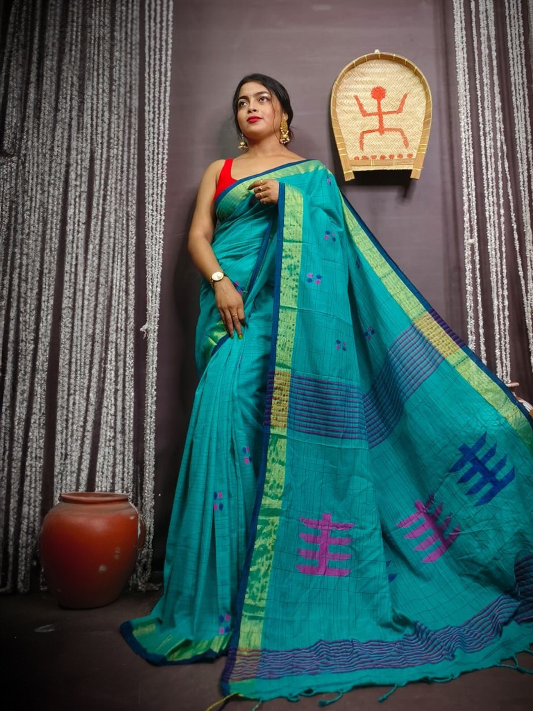 

Ruuprekha Zari Pure Cotton Khadi Saree, Blue