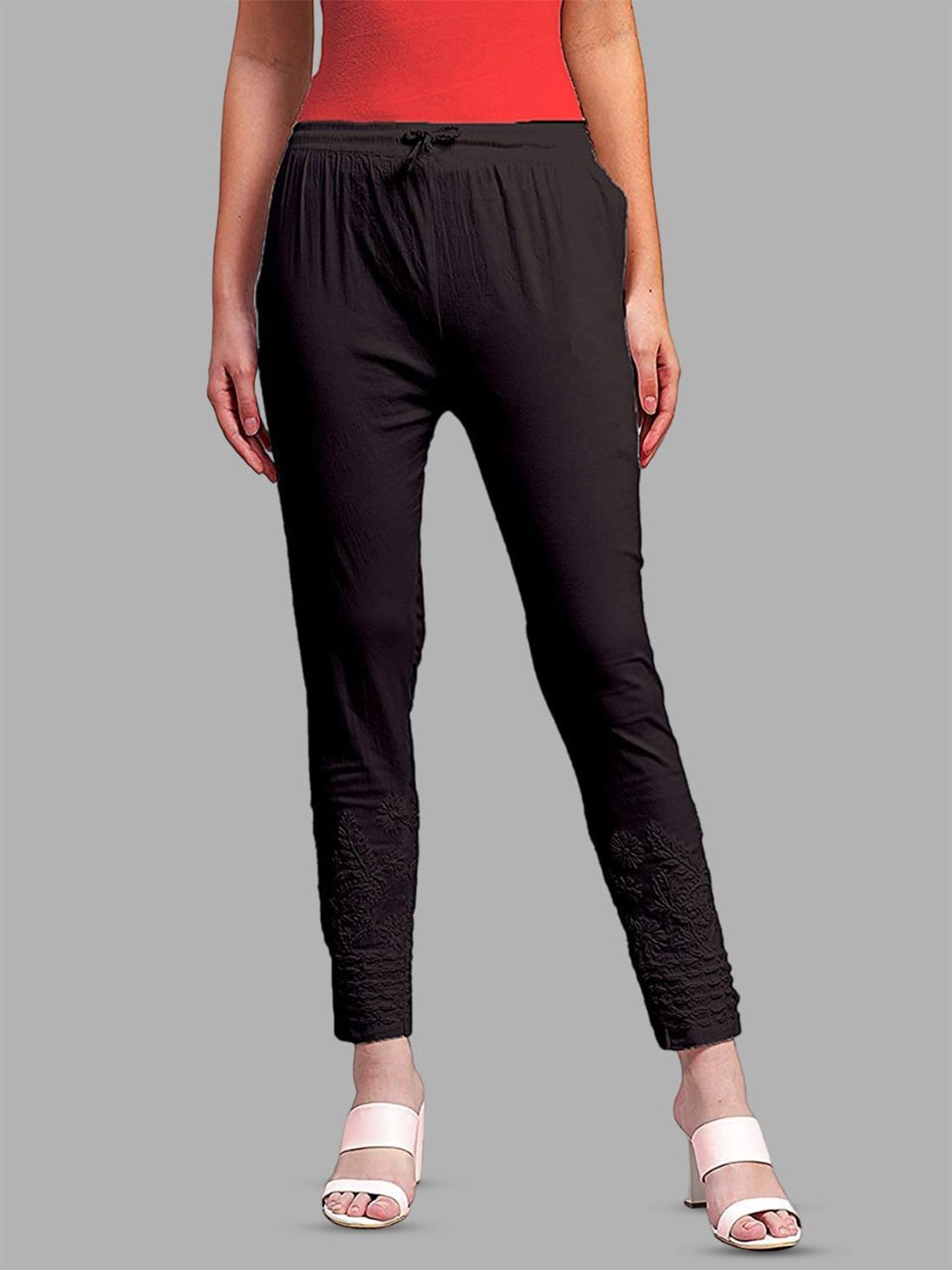 

KHAKA Women Embroidered High-Rise Cotton Easy Wash Trousers, Black