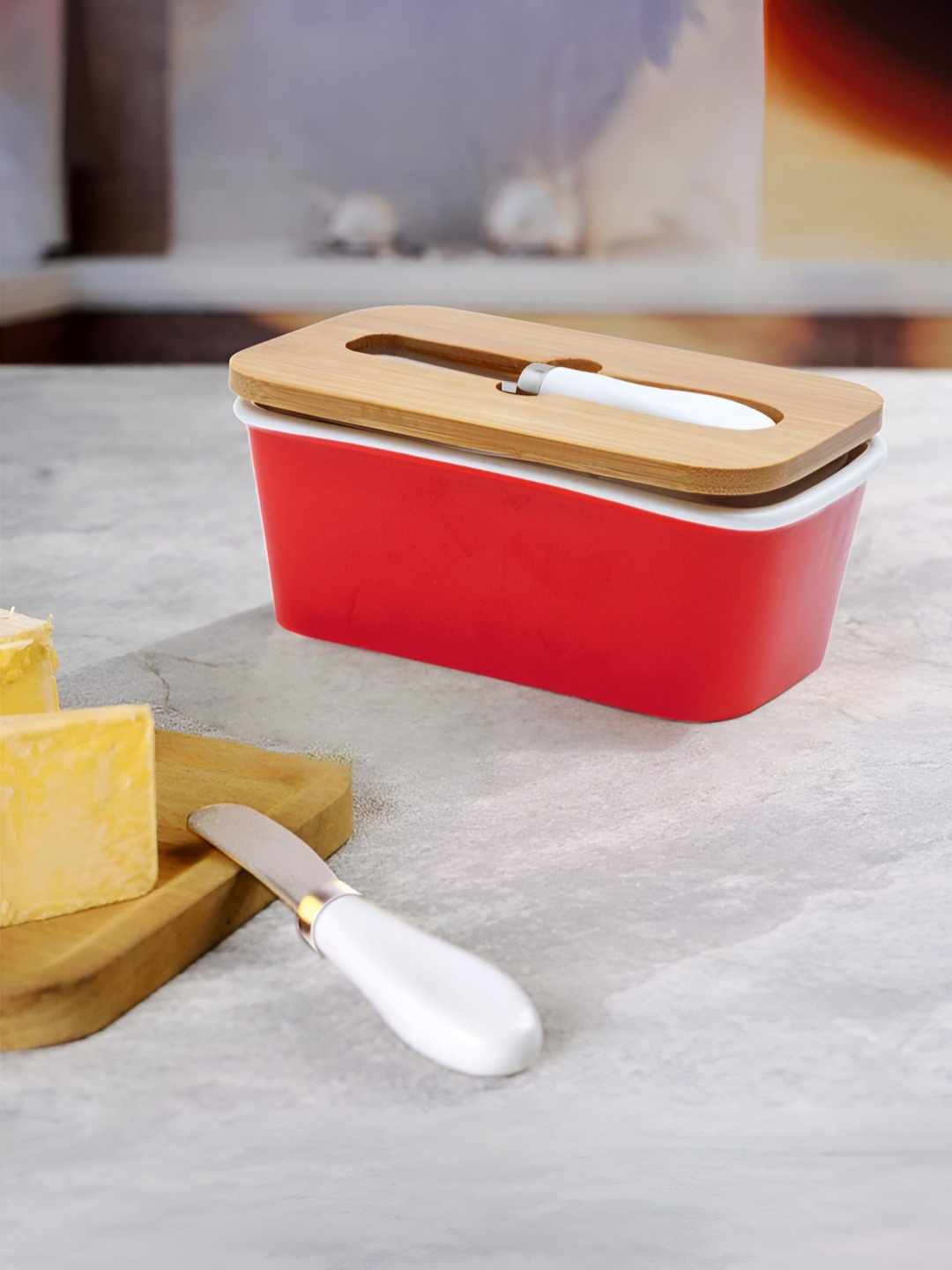 

UMAI Red & Cream Ceramic Wooden Lid & Knife Fridge Container