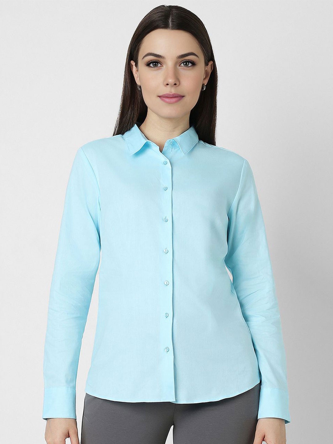 

Van Heusen Woman Women Spread Collar Solid Cotton Formal Shirt, Blue