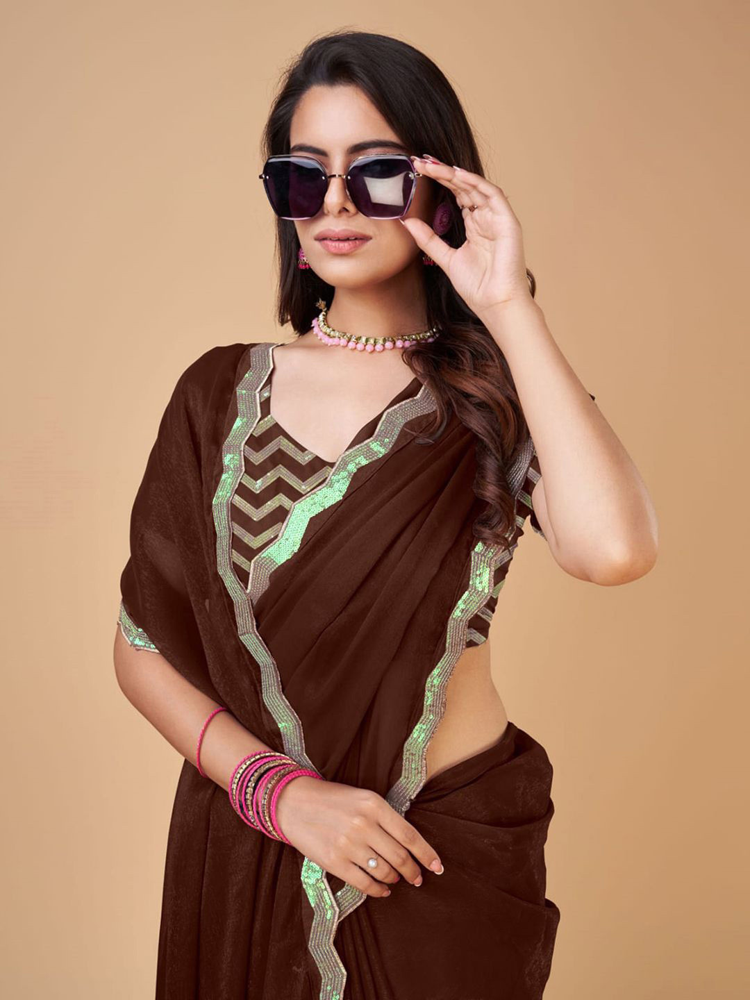 

Mitera Sequinned Pure Chiffon Saree, Brown