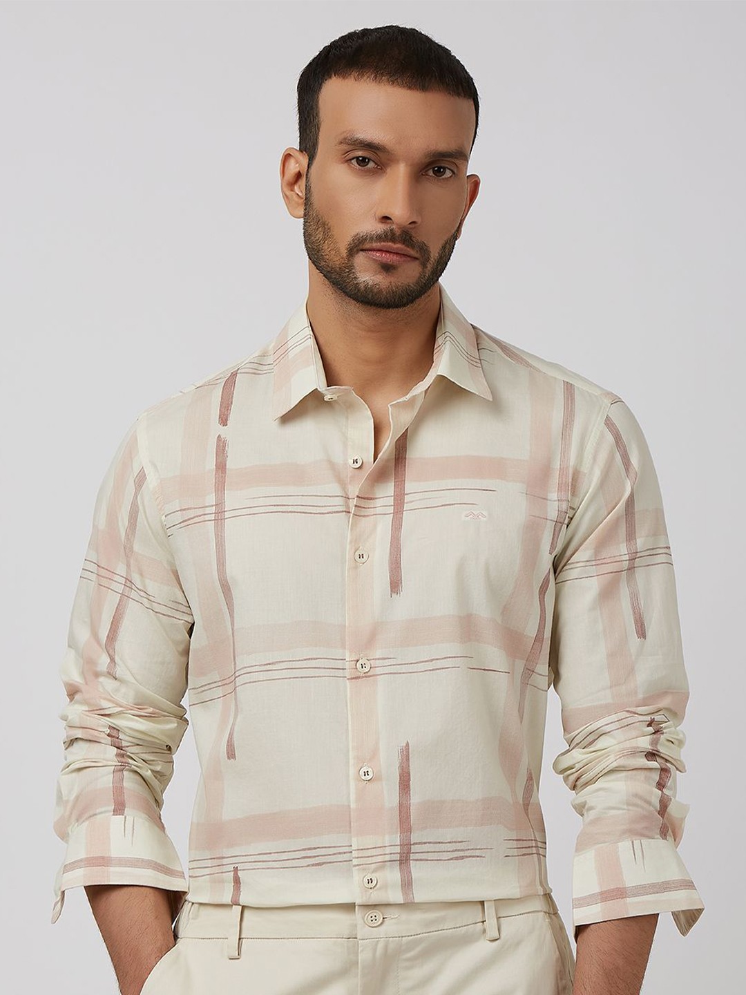 

Mufti Men Spread Collar Checked Cotton Slim Fit Casual Shirt, Off white