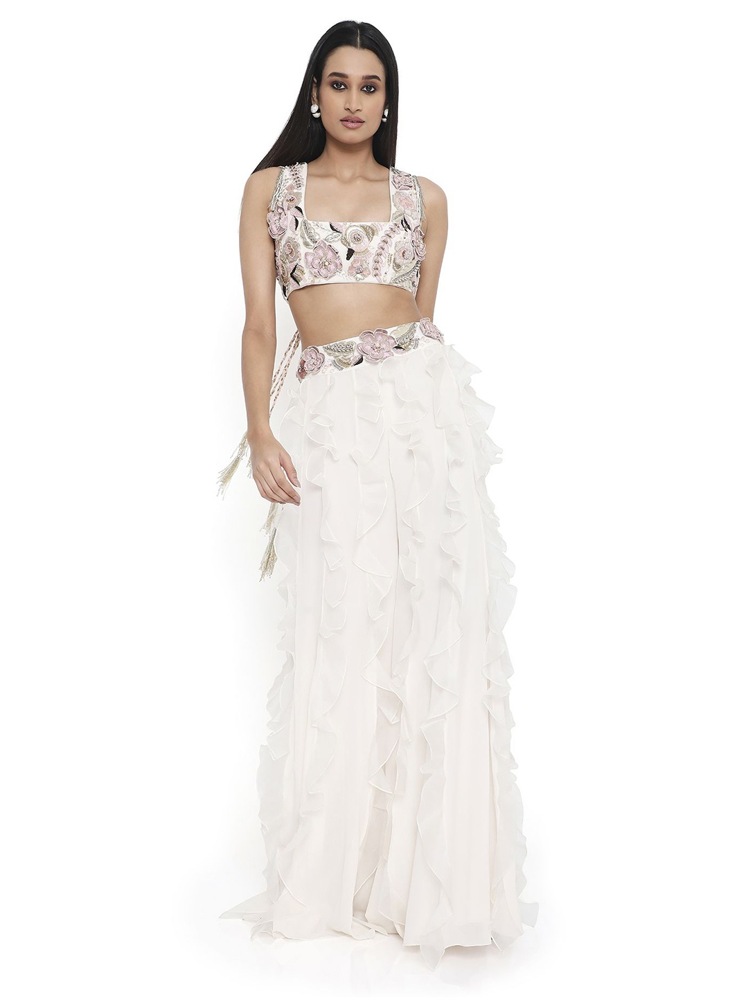 

Payal Singhal Embroidered Square Neck Ruffles Detail Choli With Sharara, White