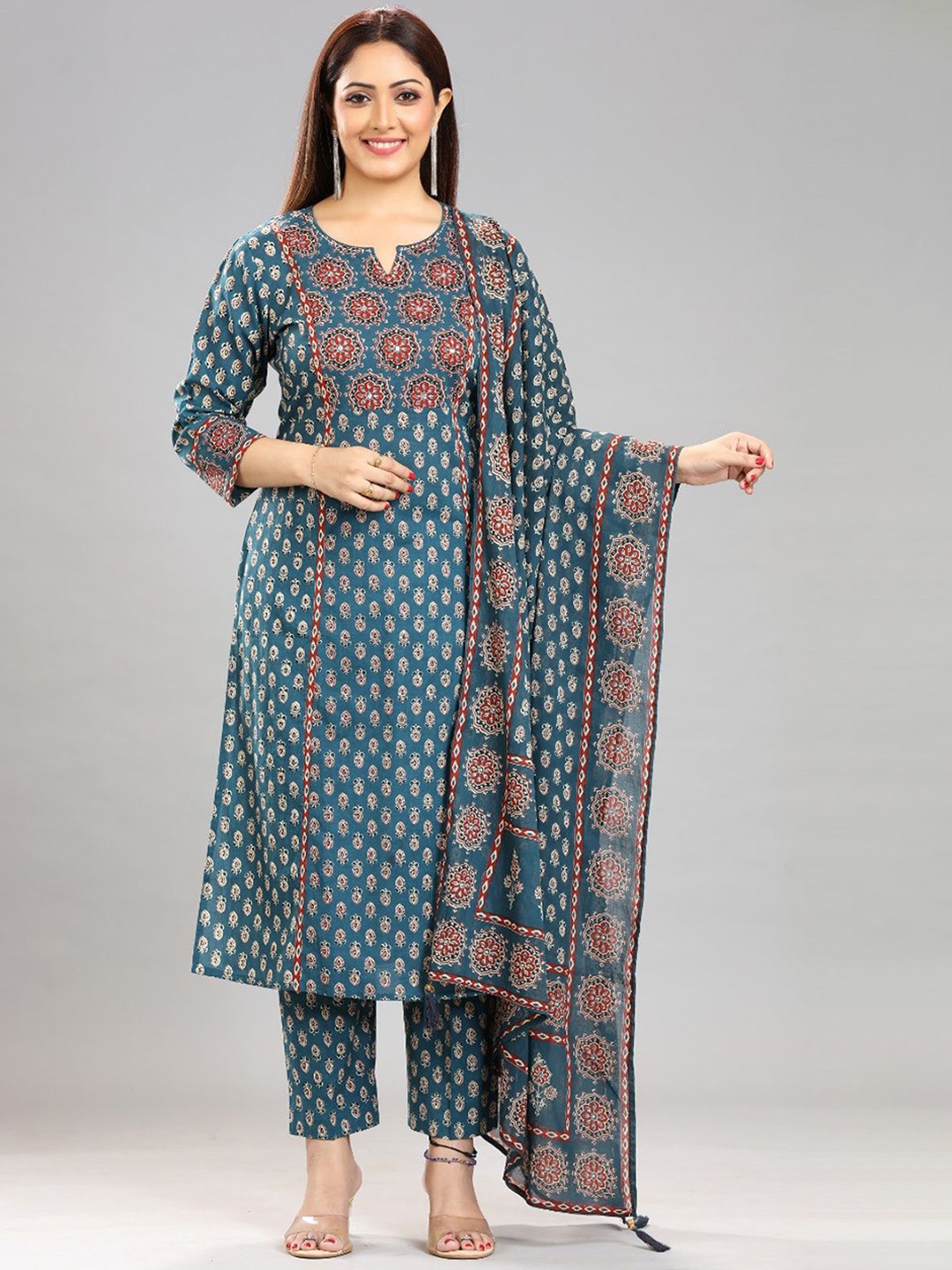 

COTTON CULTURE Ethnic Motifs Printed Pure Cotton Straight Kurta With Trousers & Dupatta, Blue