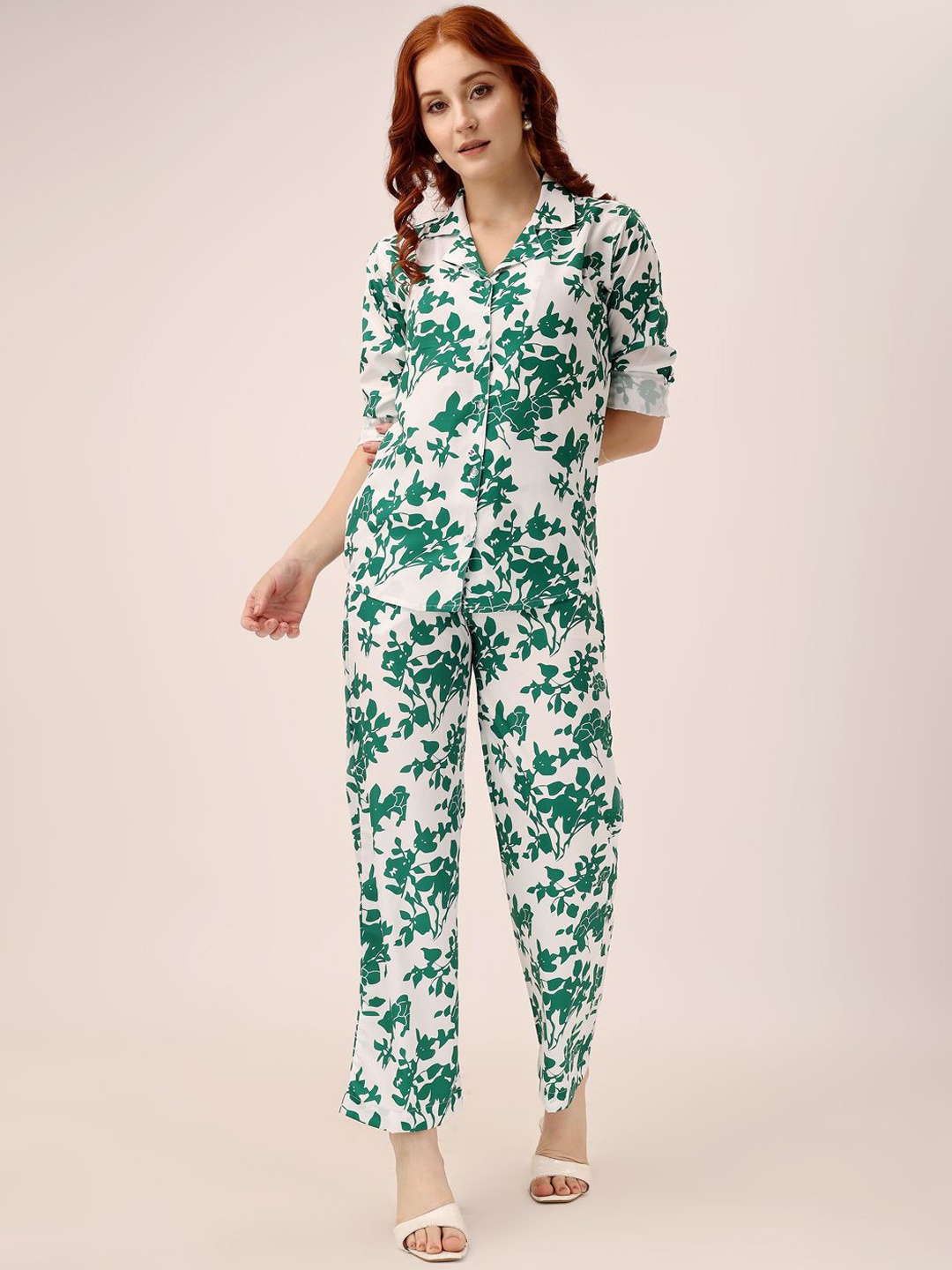 

shriez Printed Shirt Collar Shirt With Trousers, Green