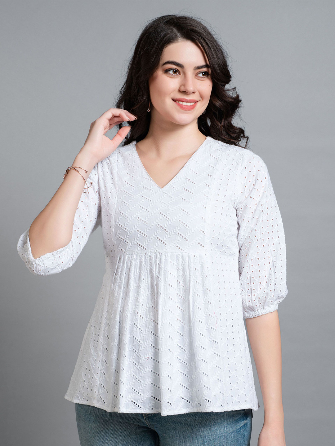 

MOJILAA MOJILAA Women Pure Cotton Blend Bored Schiffli Embroidered A-line Top, White