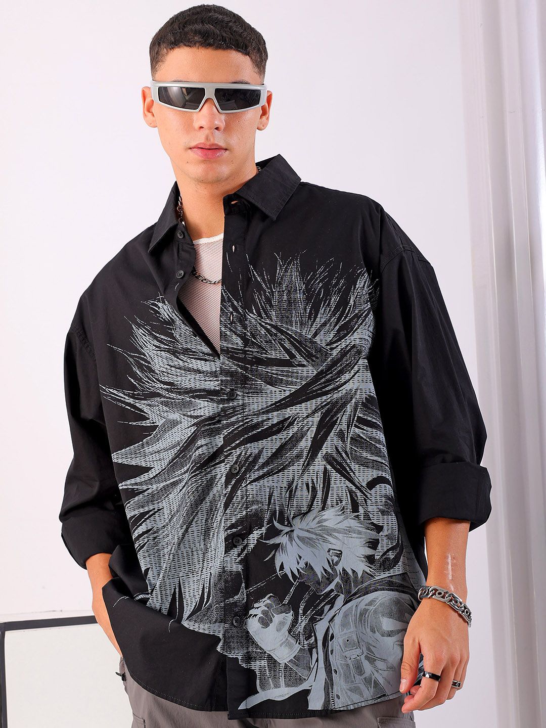 

The Indian Garage Co Men Anime Printed Cotton Oversized Boxy Streetwear Shirt, Black