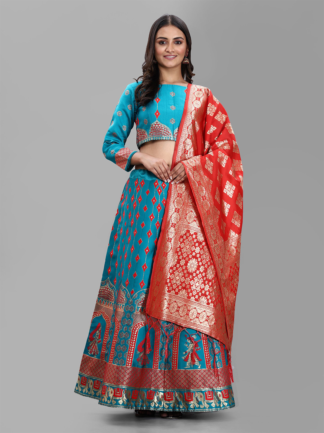 

MAGMINA Woven Design Jacquard Semi-Stitched Lehenga & Unstitched Blouse With Dupatta, Blue