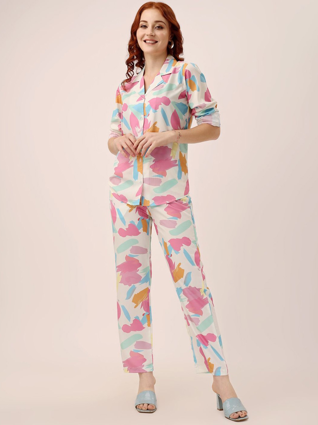 

shriez Printed Long Sleeves Shirt & Trouser Co-Ords, Pink