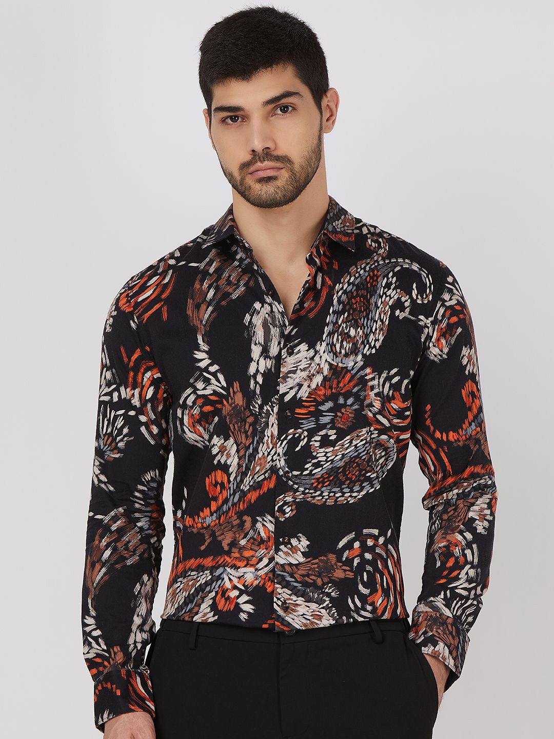 

Mufti Men Spread Collar Abstract Printed Cotton Slim Fit Casual Shirt, Black