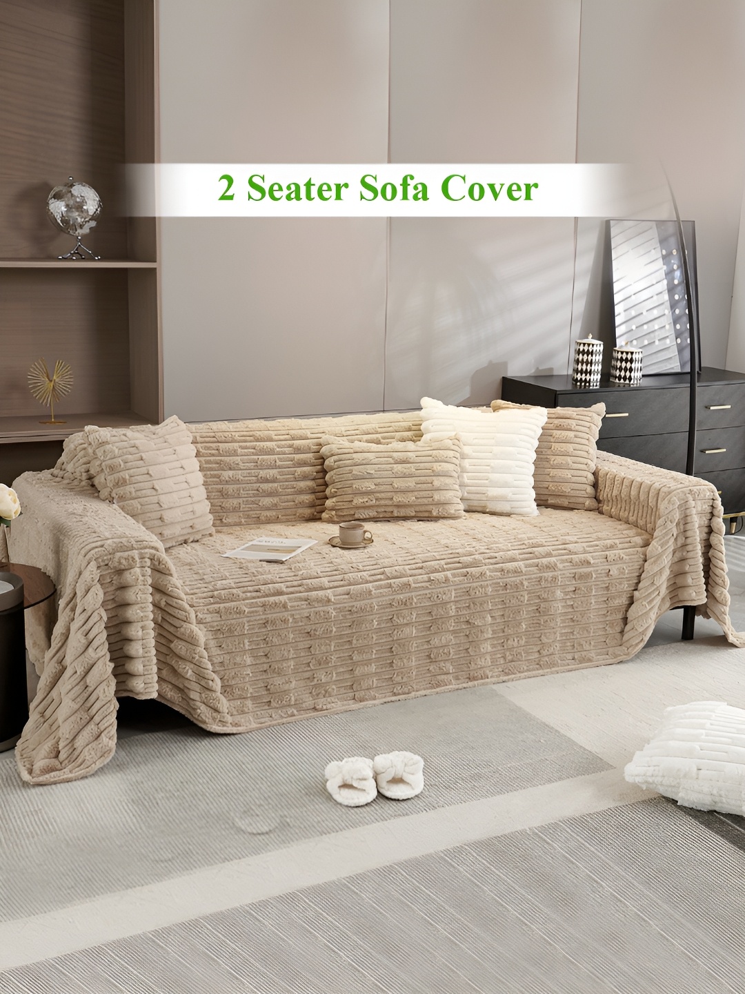 

HOKIPO Beige Plain Rabbit Plush 2 Seater Sofa Throw